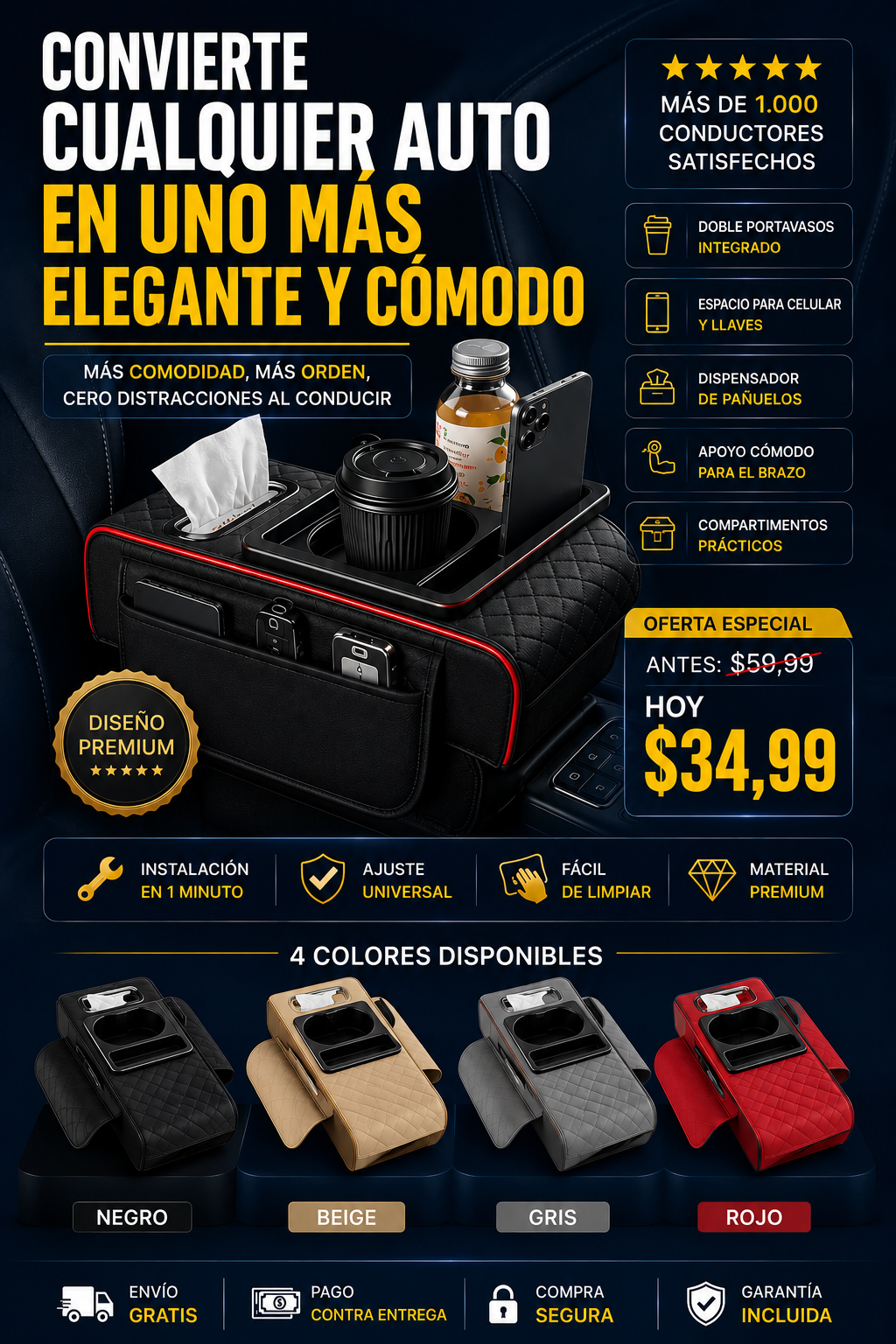 Oferta Especial:  Apoyabrazos Organizador para Auto