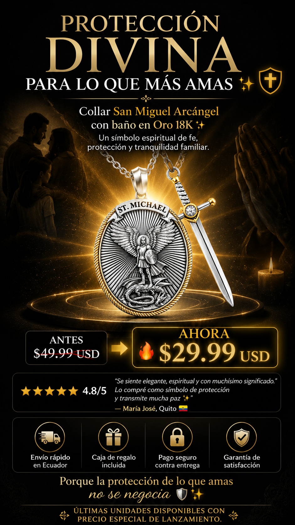 ✨ Collar Protector de San Miguel Arcángel en Oro 18K ✨ 🛡️ Amuleto de Fe, Protección y Energía Divina